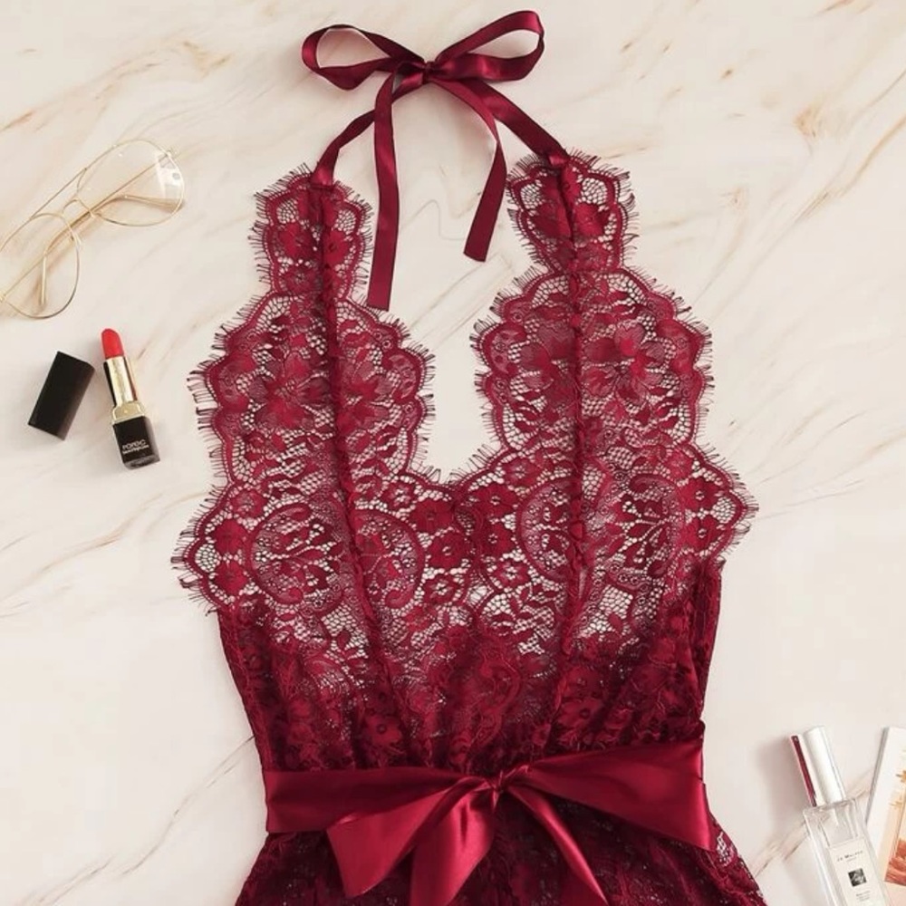 New Red Small Halter Teddy Lingerie - Picture 2 of 7